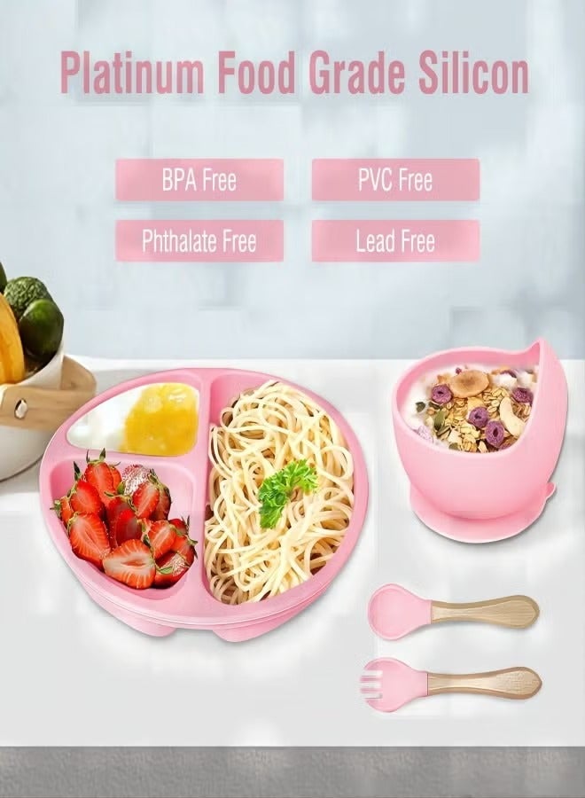 DPTER 8 Piece Silicone Baby Feeding Set, Baby Led Weaning Supplies, Baby Tableware Set with Suction Bowl, Divided Plate, Sippy Cup, Forks, Spoons, Adjustable Bib, BPA Free Toddler Feeding Utensils, Toddler Feeding Supplies, Pink - Image 2